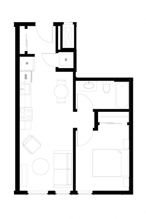 Floor plan for 1 bed, 1 bath, 650 sqft
